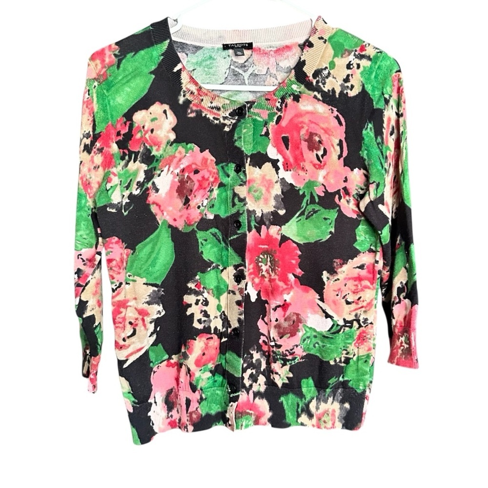 Talbots Floral Print Button up Sweater Medium Cottagecore Preppy Soft Knit Top